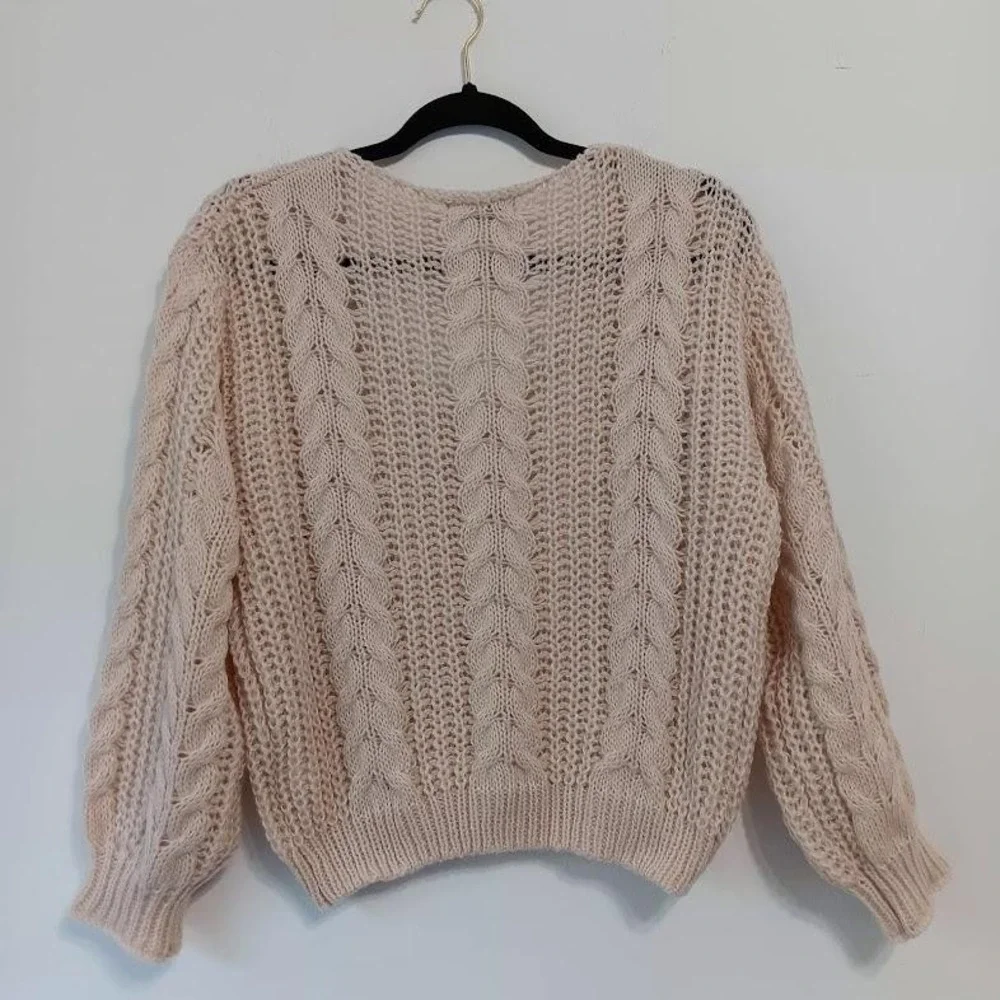 SHEIN Sweater‎ Womens Small Blush Pink Cable Knit V Neck Open Knit Pullover